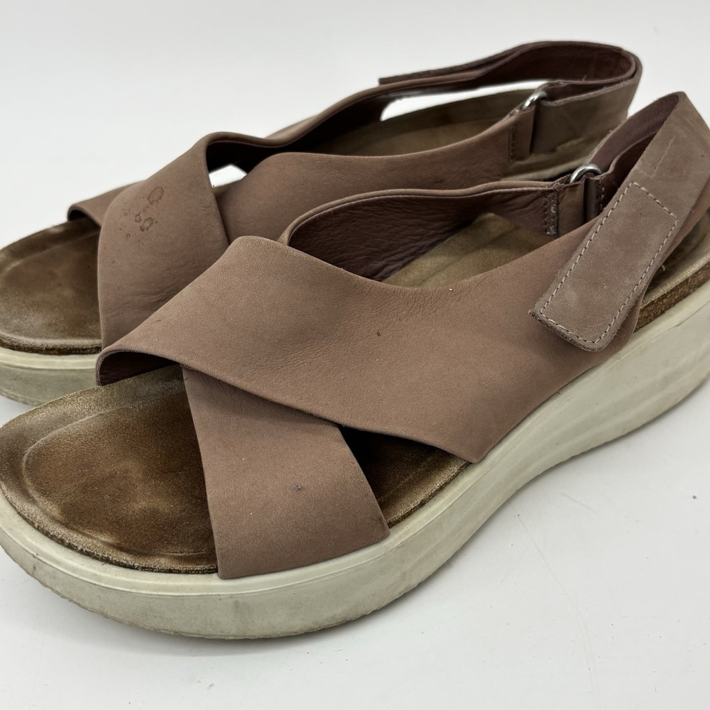 ECCO Flowt Wedge Cork TanPinkLeather Slingback Comfort Sandals WomenEU 38 US 7.5